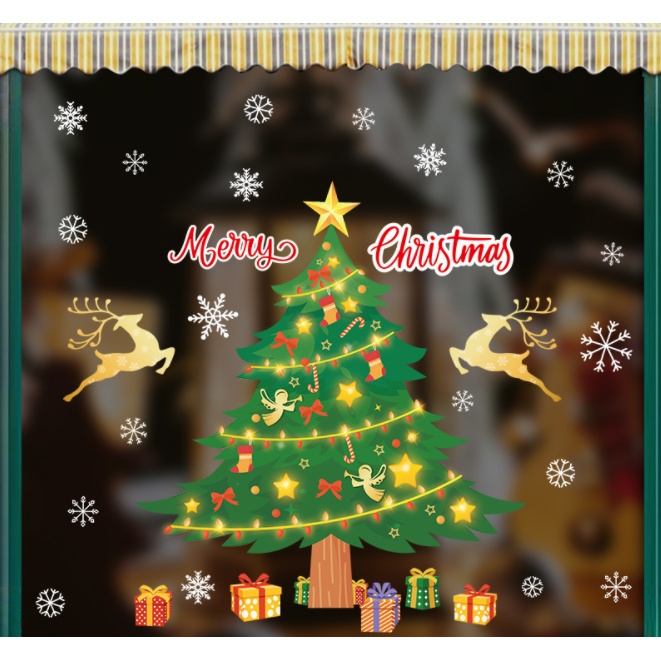 Decal trang trí Noel Hít Tĩnh Điện - Cây thông cùng 2 chú nai vàng