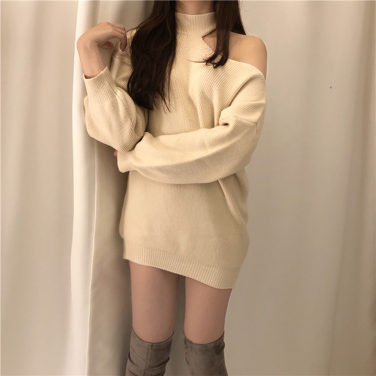 Áo sweater trễ vai dáng rộng màu trơn phong cách Hàn Quốc thời trang thu đông cho nữ