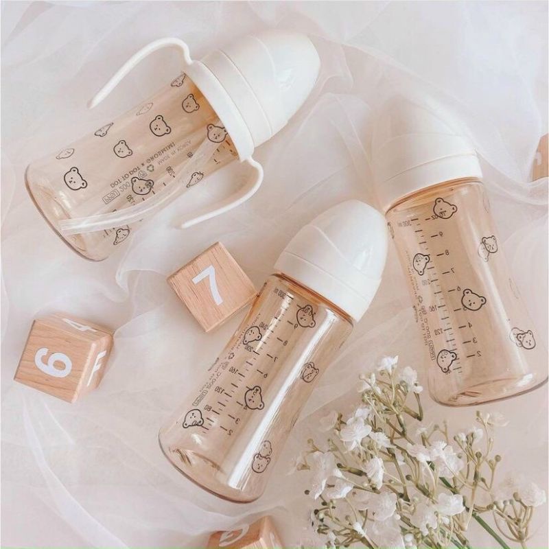 Bình sữa Grosmimi họa tiết Gấu, Gấu Tim PPSU 200ml/300ml