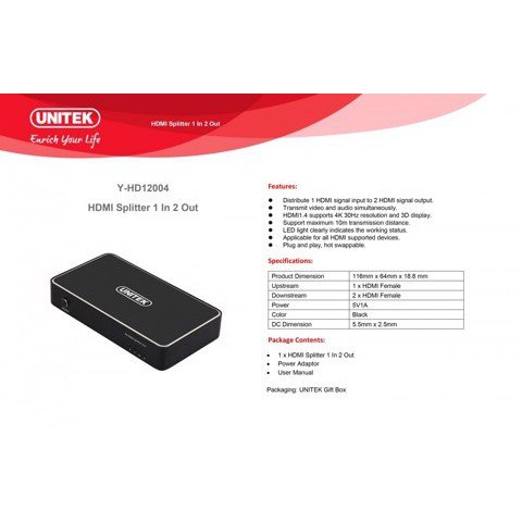 Unitek Y-HD12004BK - Bộ Chia HDMI1.4  1 Ra 2 Cổng HDMI Hỗ Trợ 4K@30Hz - Hàng Chính Hãng