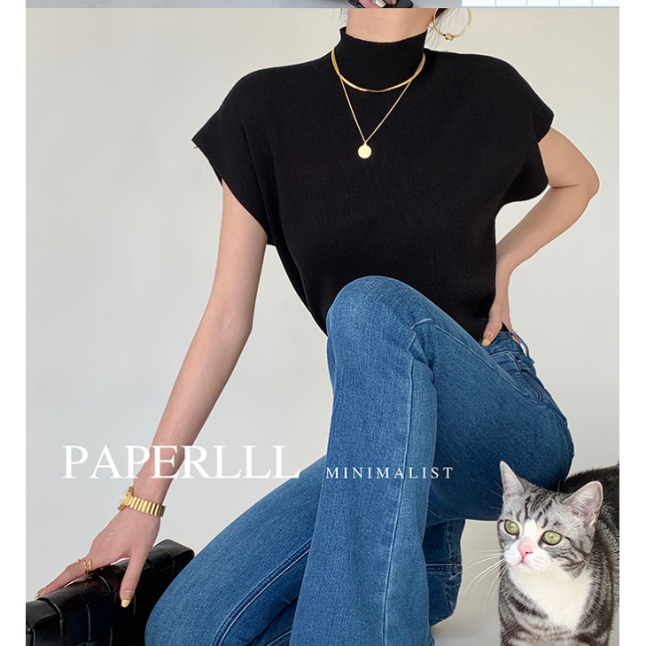 Áo thun nữ dệt kim dáng rộng cổ cao màu sắc đơn giản phong cách Hàn Quốc