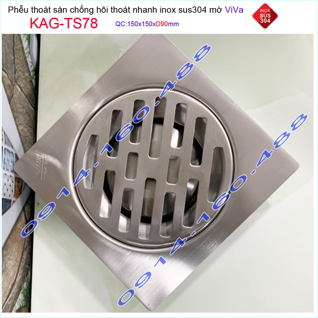 Phễu thoát sàn Viva KAG-TS78 15x15cm D90, phễu thoát sàn SUS304 đúc liền khối sales 40%, hố ga chống hôi inox 304 dày 1.