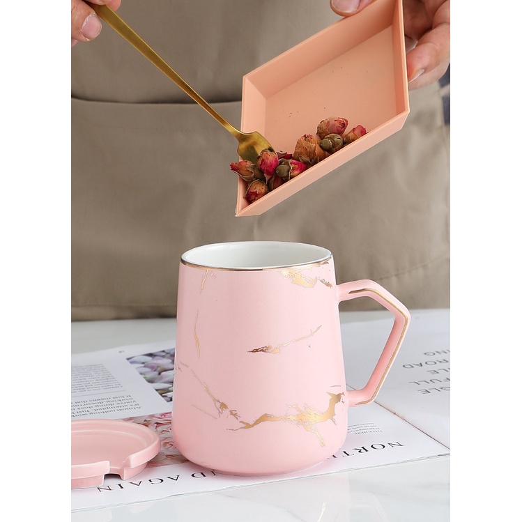 Cốc Đánh Răng, Đựng Bàn Chải Đánh Răng, Cốc Uống Nước 400ml Có Nắp, Chất Liệu Gốm Sứ Vân Đá Cẩm Thạch Sang Trọng