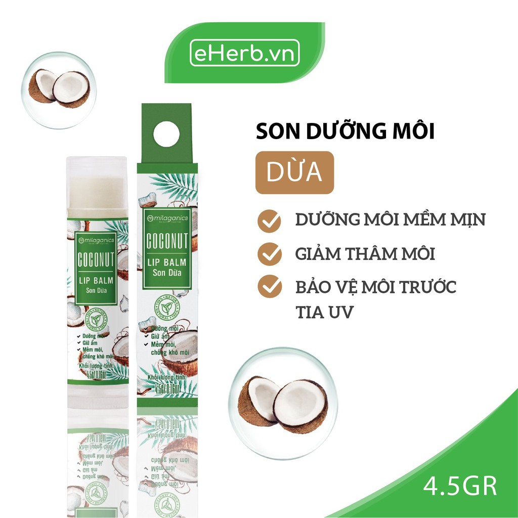 Combo 3 Son Dưỡng Ẩm, Giảm Thâm Môi: Son Dừa, Son Trà Xanh, Son Gấc MILAGANICS (4.5g/ Cây) | BigBuy360 - bigbuy360.vn