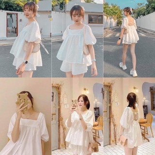 SET ĐỒ BERA SET màu trắng gồm áo và quần form chuẩn không kén dáng thiết kế sau lưng áo thắt nơ nhẹ