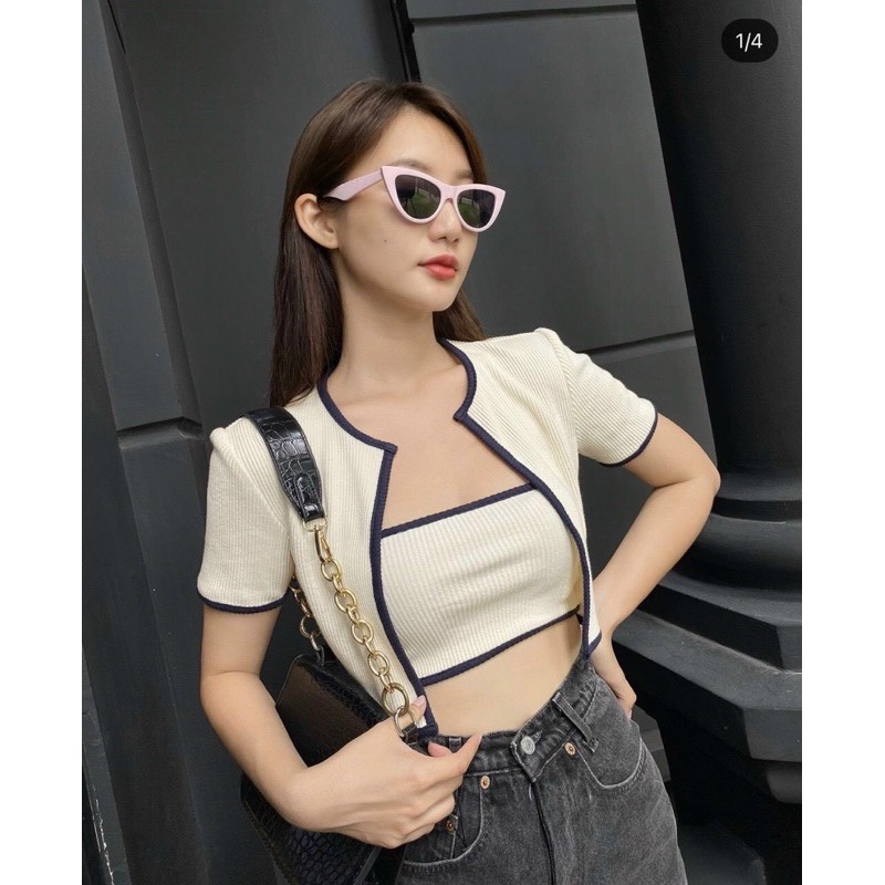 set áo ống kèm áo khoác ngoài dáng crop top xinh xinh