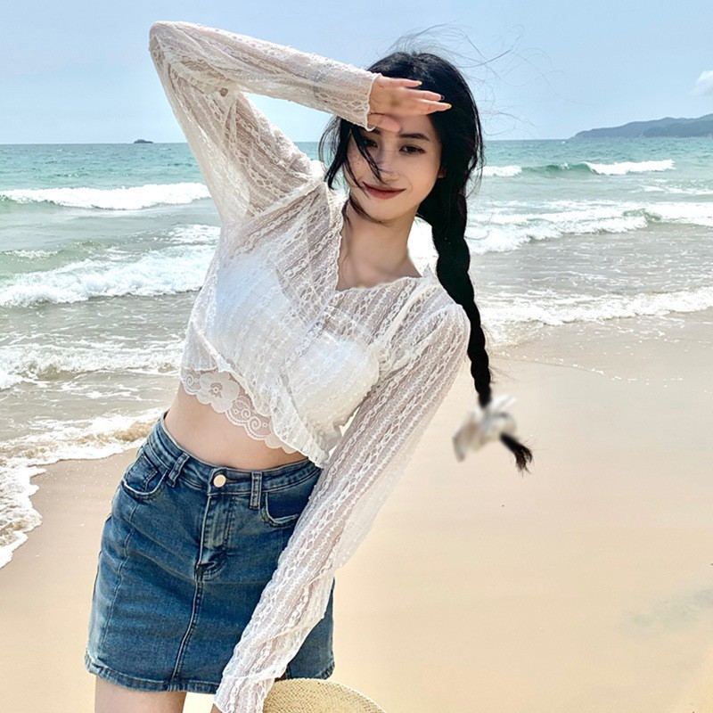 Áo Tay Dài Phối Ren Hoa Thiết Kế Cổ Chữ V Quyến Rũ