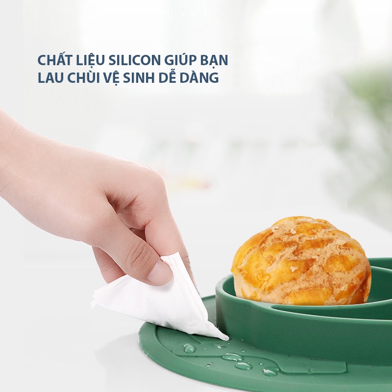 Khay Ăn Dặm Silicon Cao Cấp Cho Bé,Đế Hút Chân Không Chống Lật Chống Đổ