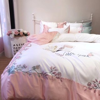 set chăn ga gối lụa lohem ipsum hồng 4 món