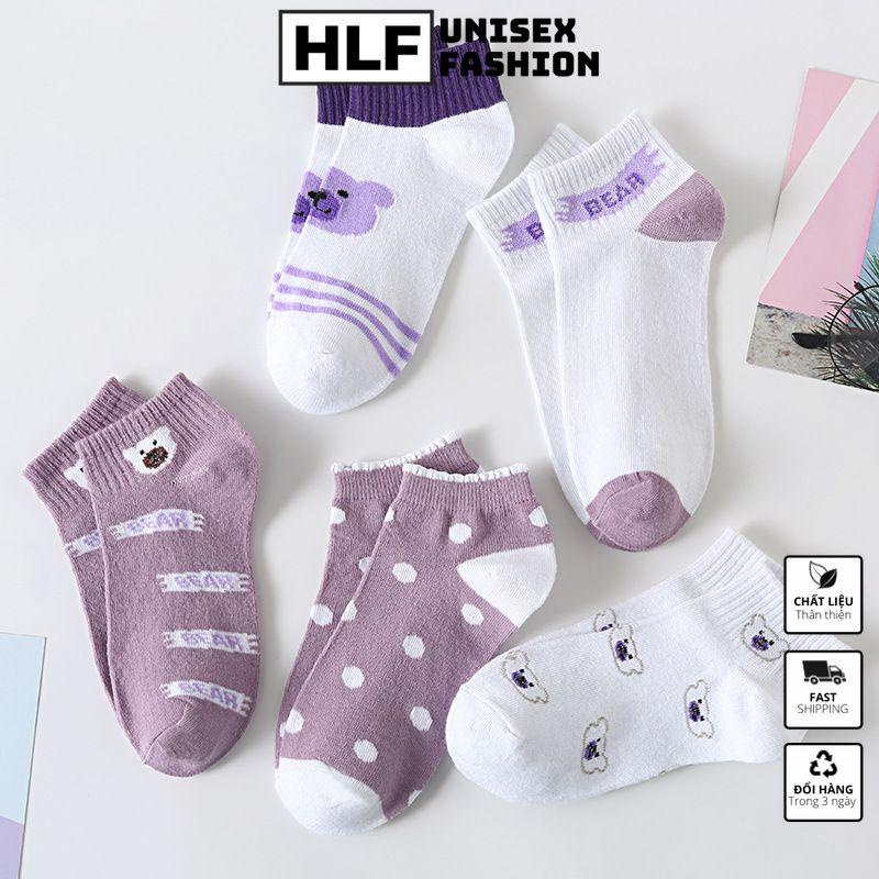 Tất vớ nữ Cotton cổ tròn in gấu tím, tất vớ cổ ngắn HLFashion