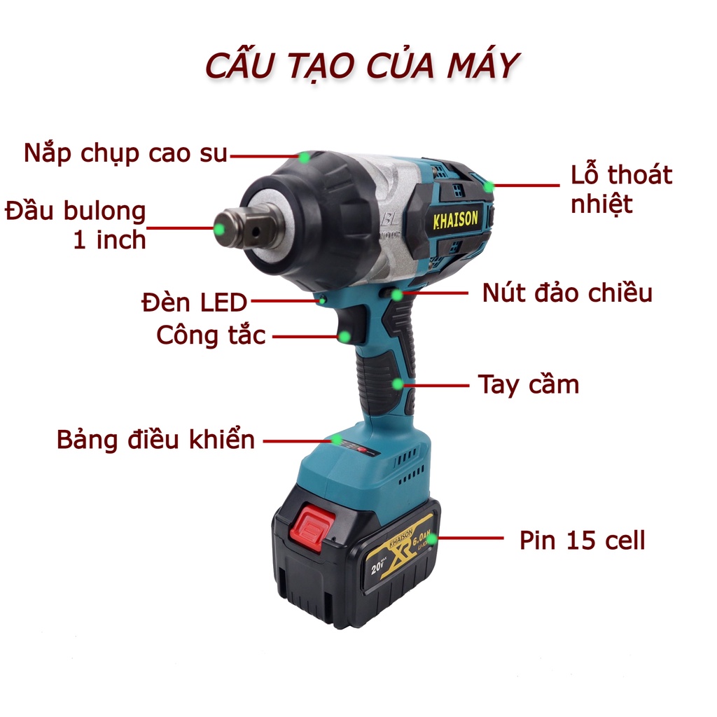 Máy siết mở bulong KHAISON công suất lớn 1300N.m đầu 3/4 inch pin 15 cell 6Ah mở ốc xe tải