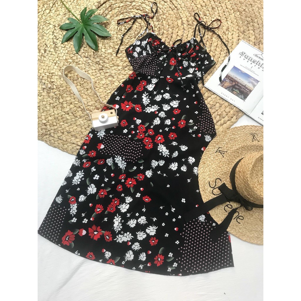 Đầm midi hoa liti chấm bi cột vai - D350