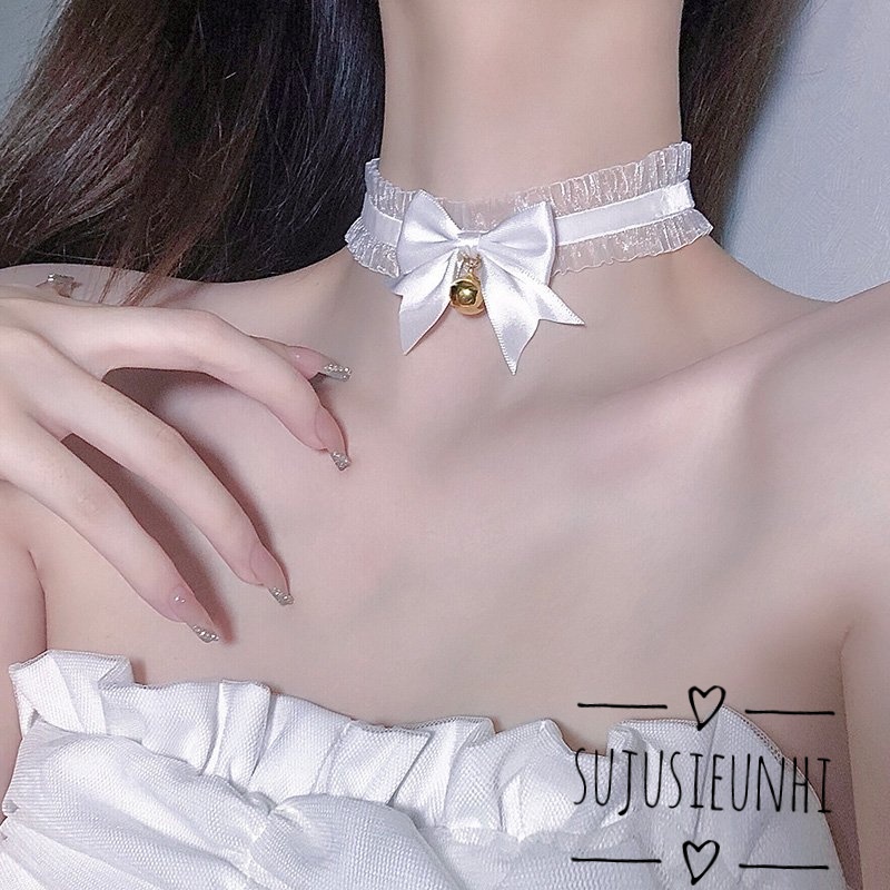 (2màu chuông)Vòng cổ choker ren bèo đính chuông nhỏ cosplay mèo neko dễ thương