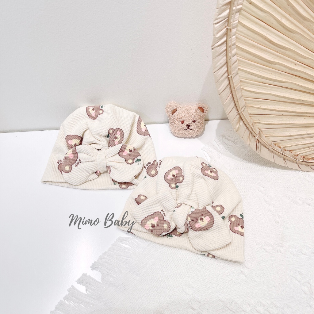 Mũ turban màu be họa tiết gấu má hồng dễ thương cho bé MTB148 Mimo Baby