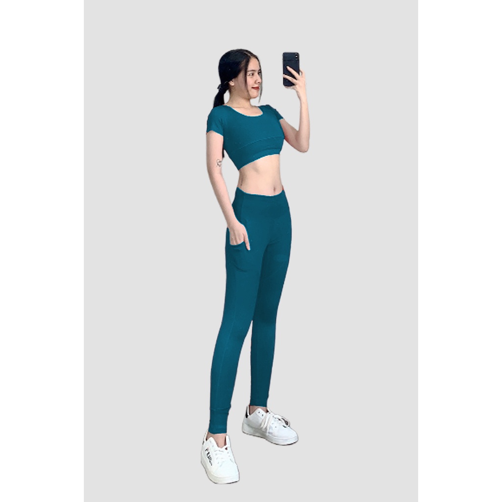 Bộ đồ tập thể thao gym yoga nữ áo crop kèm mút quần dài cao cấp Bin Sport BD096