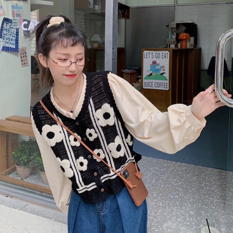 Áo Gile Len Đan Lưới Hoạ Tiết Hoa Mẫu Đơn Phong Cách Retro Elegance