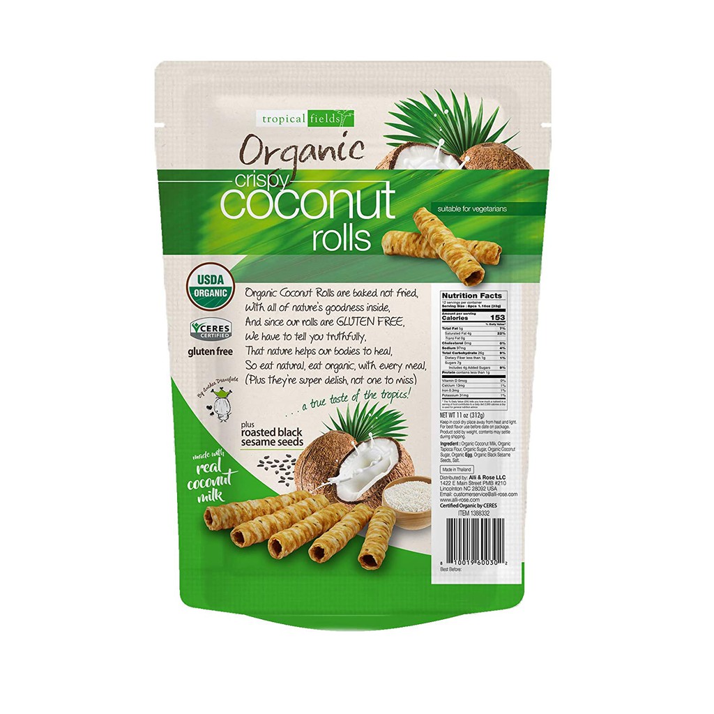 Bánh quế dừa hữu cơ Tropical Fields Organic Crispy Coconut Rolls 312g