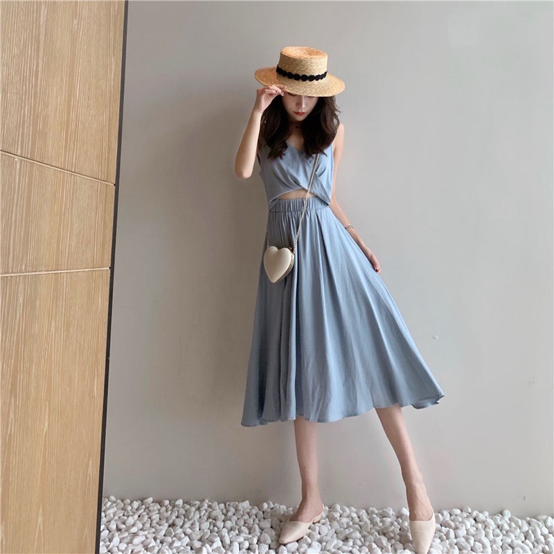 IELGYÁo Đầm Lửng Không Tay Cổ Chữ V Màu Trơn Có Khóa Kéo Thời Trang Cho Nữ