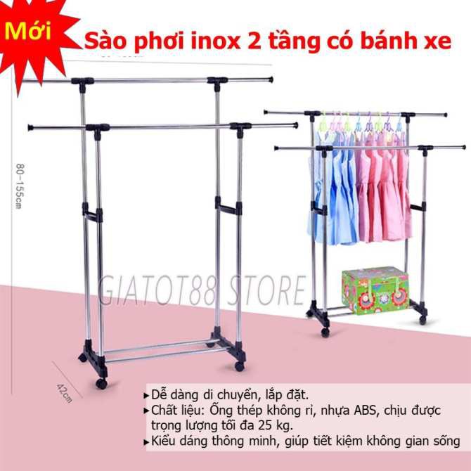 GIẢM GIÁ Sào phơi quần áo gia đình, cửa hàng, Giá treo quần áo 2 tầng inox di động mẫu mới 2020