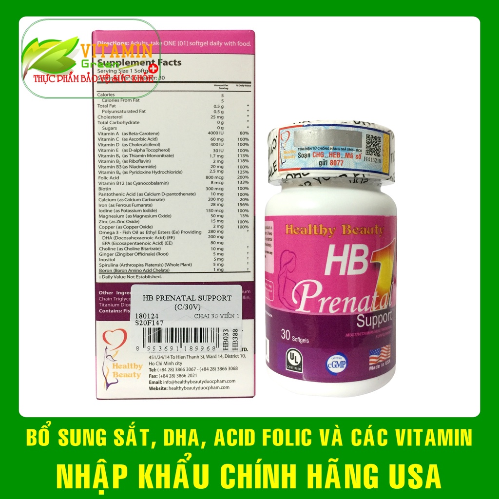 Vitamin tổng hợp cho bà bầu HB PRENATAL SUPPORT 30 viên | Nhập khẩu chính hãng Mỹ