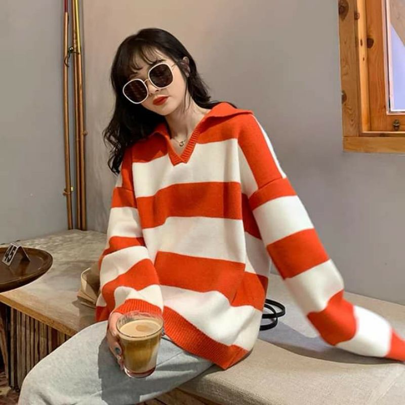 Áo len sọc cổ V tay dài
