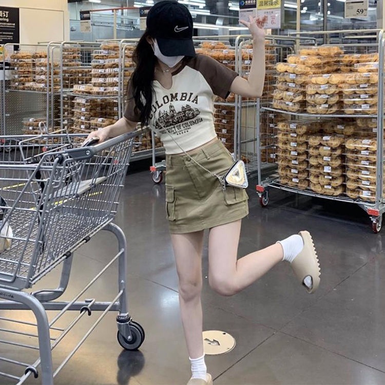 COZOKC COZOK Áo thun COZOK ngắn tay dáng ôm in họa tiết phối màu tương phản dễ thương xinh xắn