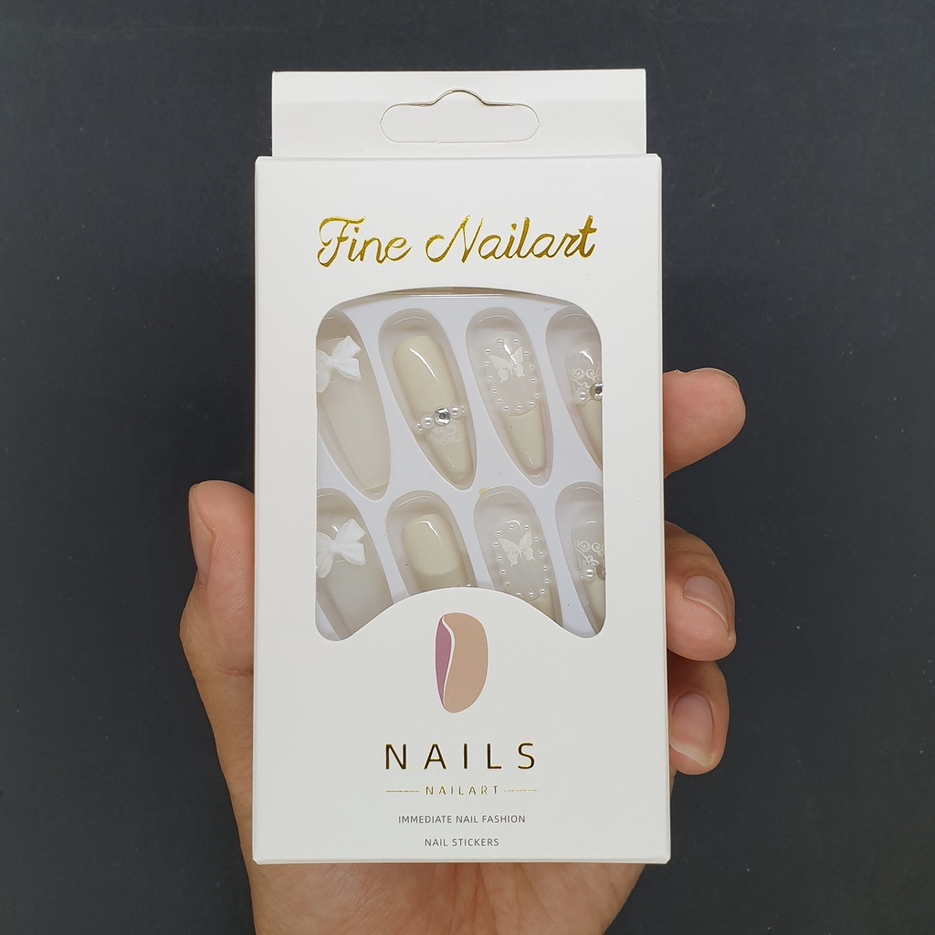 Móng tay giả trắng đính nơ sang trọng  💖 SẴN KEO DÁN 💖