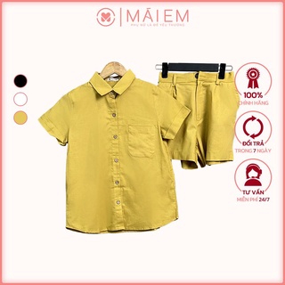 Set bộ sơ mi tay cộc màu vàng chất liệu Linen Mái Em _S7071