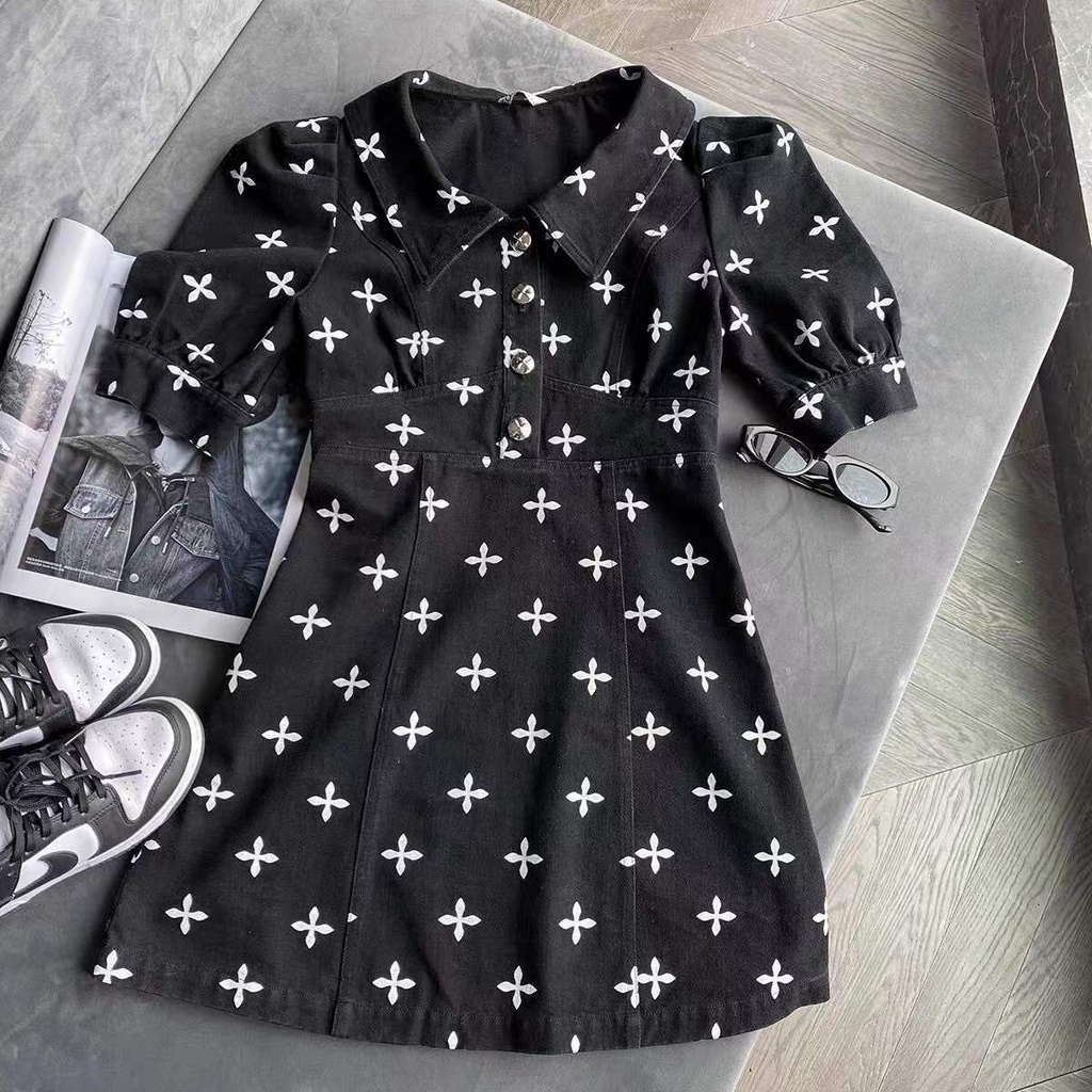 Váy chữ A tay ngắn in họa tiết kiểu Pháp mùa hè 2022 mới cho nữ