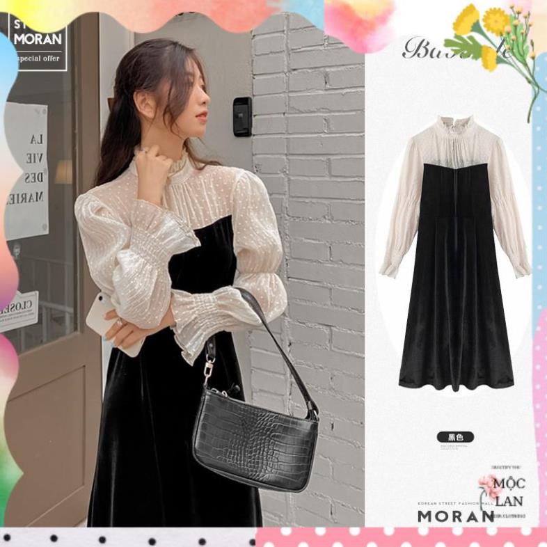 Váy nhung MORAN tay phối voan dập viền tay phồng điệu đà tiểu thư kiểu Pháp