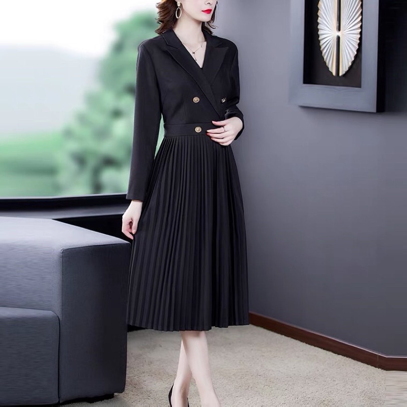 Đầm Maxi Dài Màu Đen Xếp Ly Phong Cách Hàn Quốc Cao Cấp Nhập Khẩu Từ Hàn Quốc Màu Đen