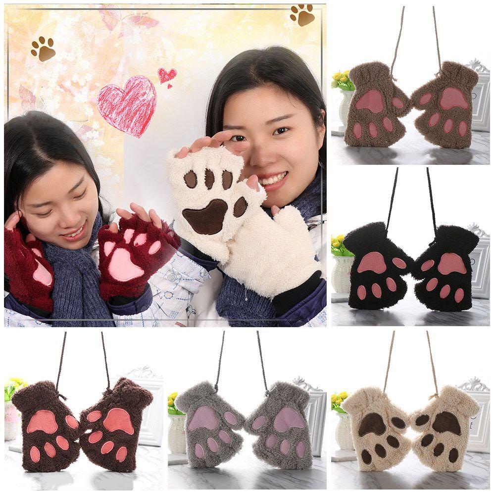 UPTOWN 1 Pair Winter Women Paw Gloves Fingerless Fluffy Bear Cat Plush Paw