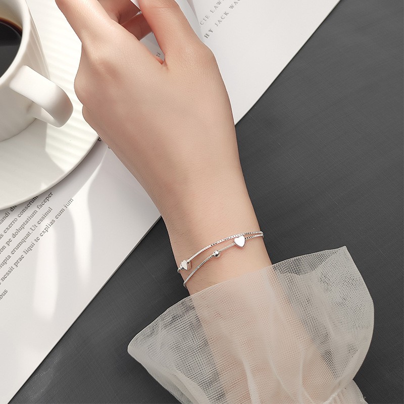 Lắc Tay Bạc Nữ S925 Italy Dây Kép Charm Trái Tim Xinh Xắn L2614 - Bảo Ngọc Jewelry
