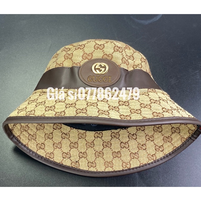 mũ vành Gu xì nữ - Nón bucket đai nâu logo sắt G (G) thêu chữ nhỏ sành điệu thời trang nữ