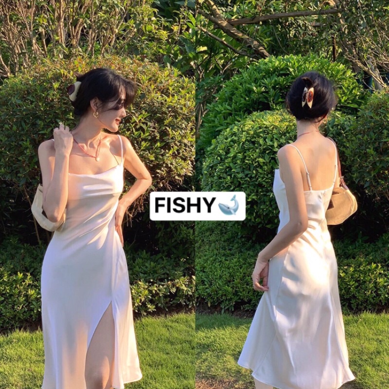 (SẴN+ẢNH THẬT+VIDEO) Đầm Hai Dây Lụa Nữ Dáng Dài Hai Màu Đen Trắng Thiết Kế Cổ Trễ Xẻ Tà Lệch Vạt Gợi Cảm FISHY | BigBuy360 - bigbuy360.vn