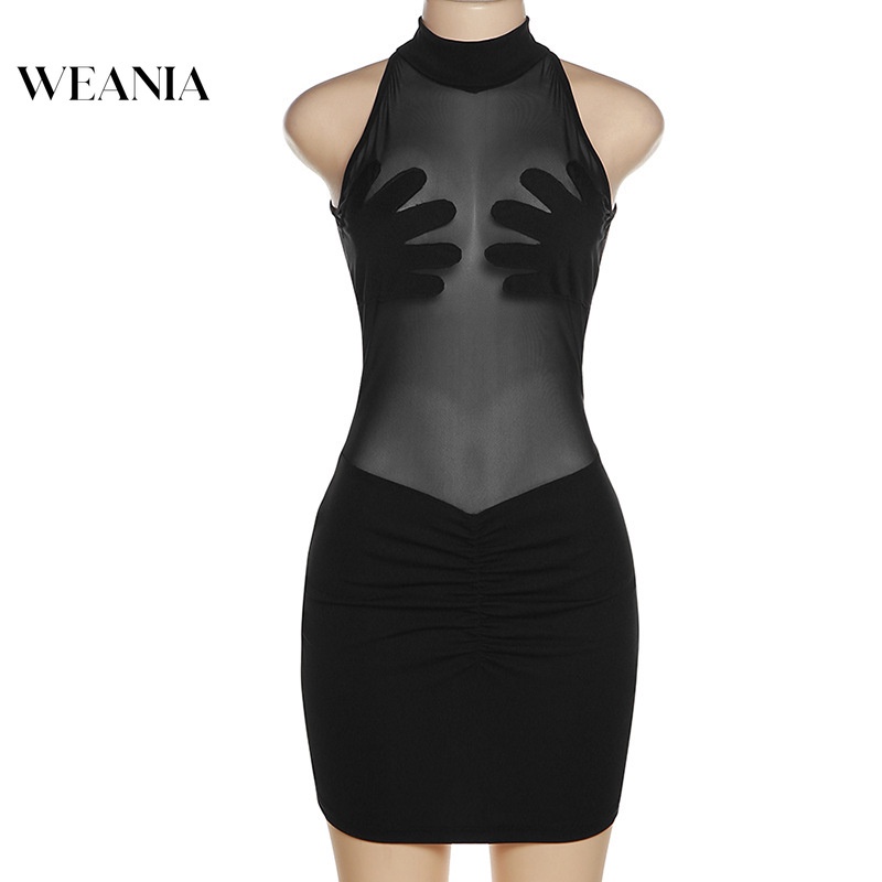 Đầm mini WEANIA ôm dáng xếp ly phối lưới xuyên thấu gợi cảm kiểu mới