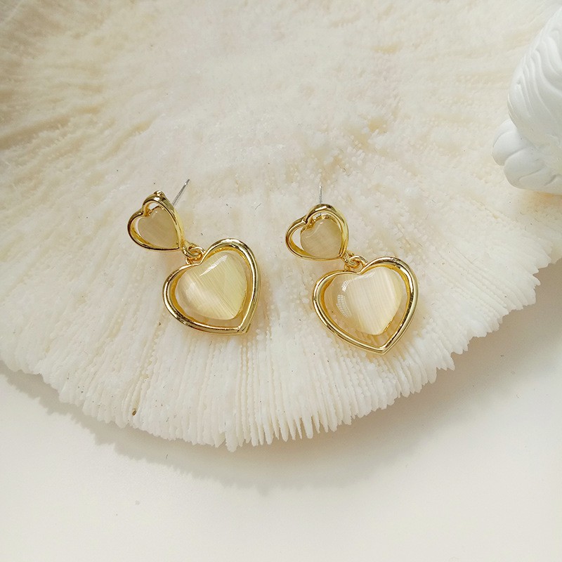Bông Tai Nữ Đính Đá Opal Nhân Tạo, Khuyên tai Nữ Tạo Hình Trái Tim Thời Trang V2.32