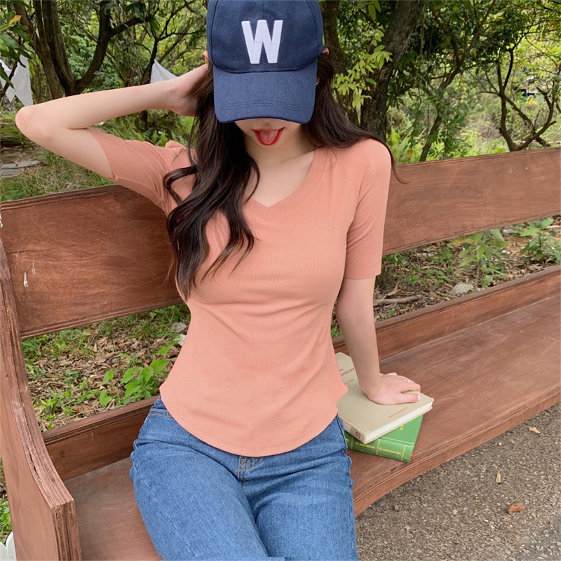 SUXI Áo Thun Tay Ngắn Cổ Chữ V Màu Sắc Đơn Giản Thời Trang Mùa Hè Dành Cho Nữ