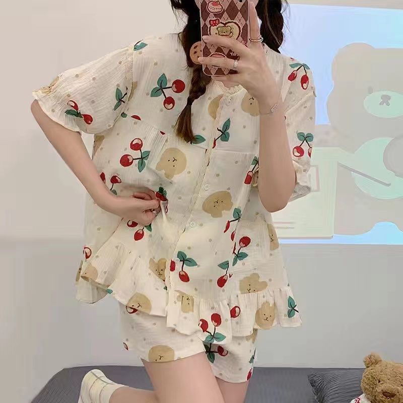 Bộ Đồ Ngủ Phối Ren In Hoa Phong Cách Hàn Quốc Thời Trang Cho Nữ