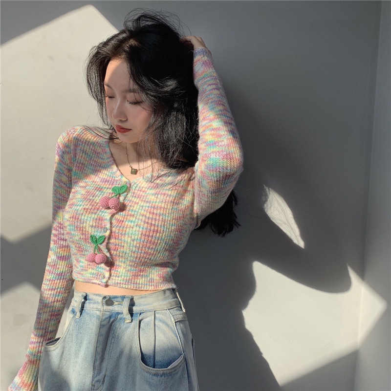 【ZHELIHANGFEI】 / Áo Khoác Cardigan Dệt Kim Dáng Ngắn Hở Rốn Màu Hồng Nhẹ Nhàng Thời Trang Xuân Thu Cho Nữ