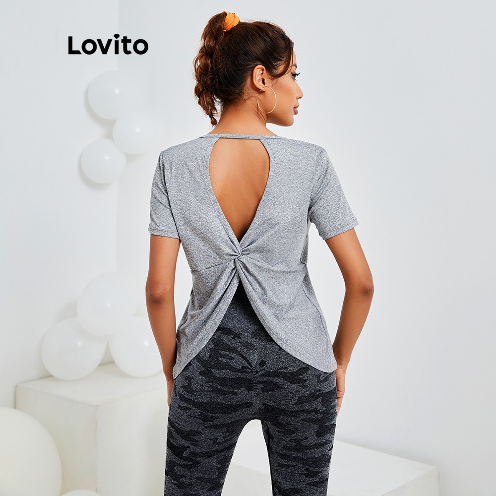 Áo thể thao Lovito ôm vừa vặn độ co giãn cao hở lưng dạng xoắn màu trơn L13X074 (Màu xám)