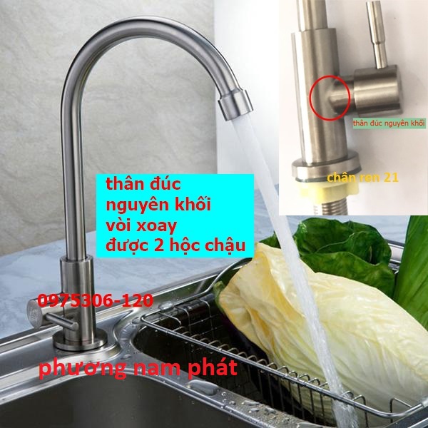 [VÒI NƯỚC MẠNH] Vòi Rửa Chén Bát Lạnh Inox 304 quay 360 độ dùng cho 2 hộc chậu N5002 Fotar