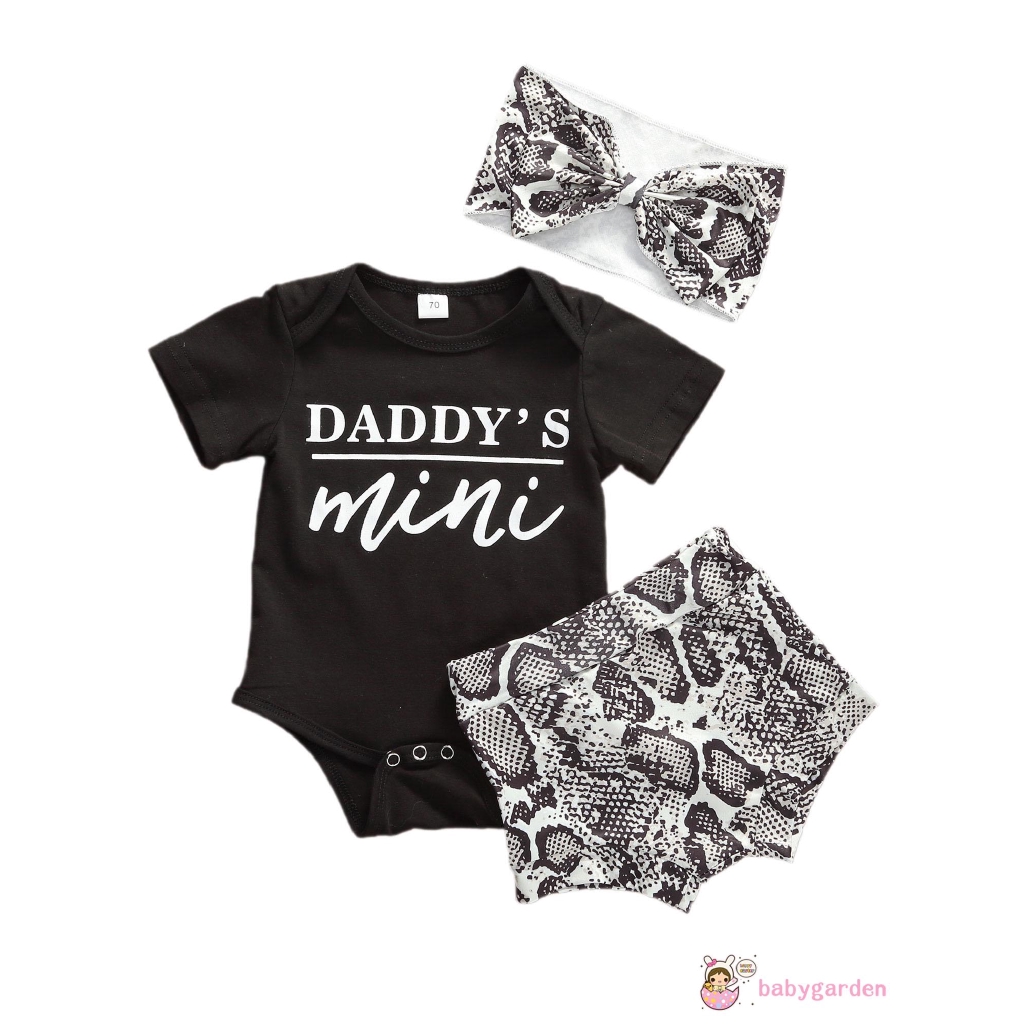 ღ♛ღBaby Girls Summer Clothes Daddy´s Mini Letter Print Bodysuit Romper + Shorts + Bow Headband 3Pcs Outfits Set