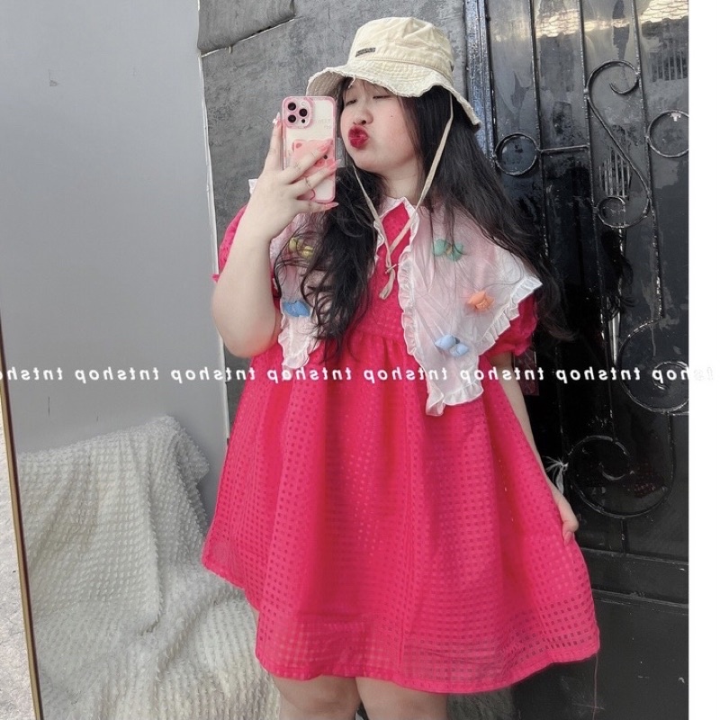 BIGSIZE Đầm babydoll caro cổ bèo đính nơ 50-90kg