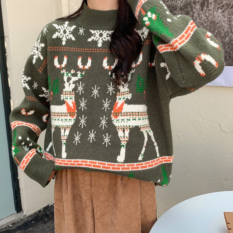 Áo Sweater Dệt Kim Cổ Lọ Tay Dài Dáng Rộng In Họa Tiết Tuần Lộc Giáng Sinh Thời Trang Mùa Đông Cho Nữ