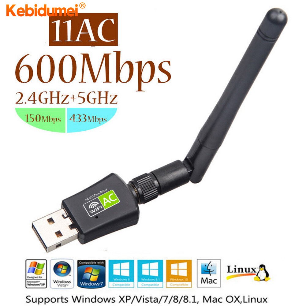 Kebidumei Bộ Chuyển Đổi WiFi USB Card Mạng 600 5Ghz Không Cần Trình Điều Khiển 2.4 Mbps, Bộ Thu Tín Hiệu Ăng Ten Wifi RTL8811AU LAN Băng Tần Kép Không Dây 802.11ac/A/B/G/N Dành Cho Máy Tính Để Bàn Máy Tính Xách Tay Win XP 7 8 10