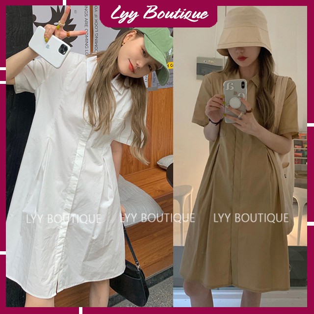 Váy Sơ Mi Xếp Ly Dáng Xòe Chữ A Tay Cộc Có Túi Ngực Chất Thô Trơn Quảng Châu Lyy Boutique | BigBuy360 - bigbuy360.vn