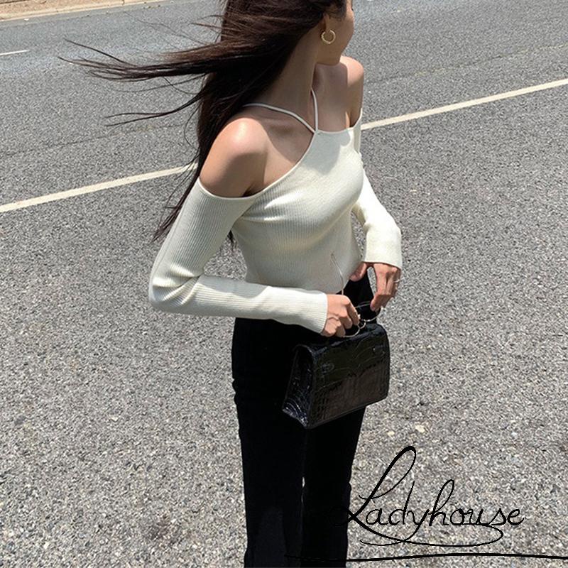LD-Áo Dệt Kim Trễ Vai Màu Trơn Phong Cách Hàn Quốc Dành Cho Nữ
