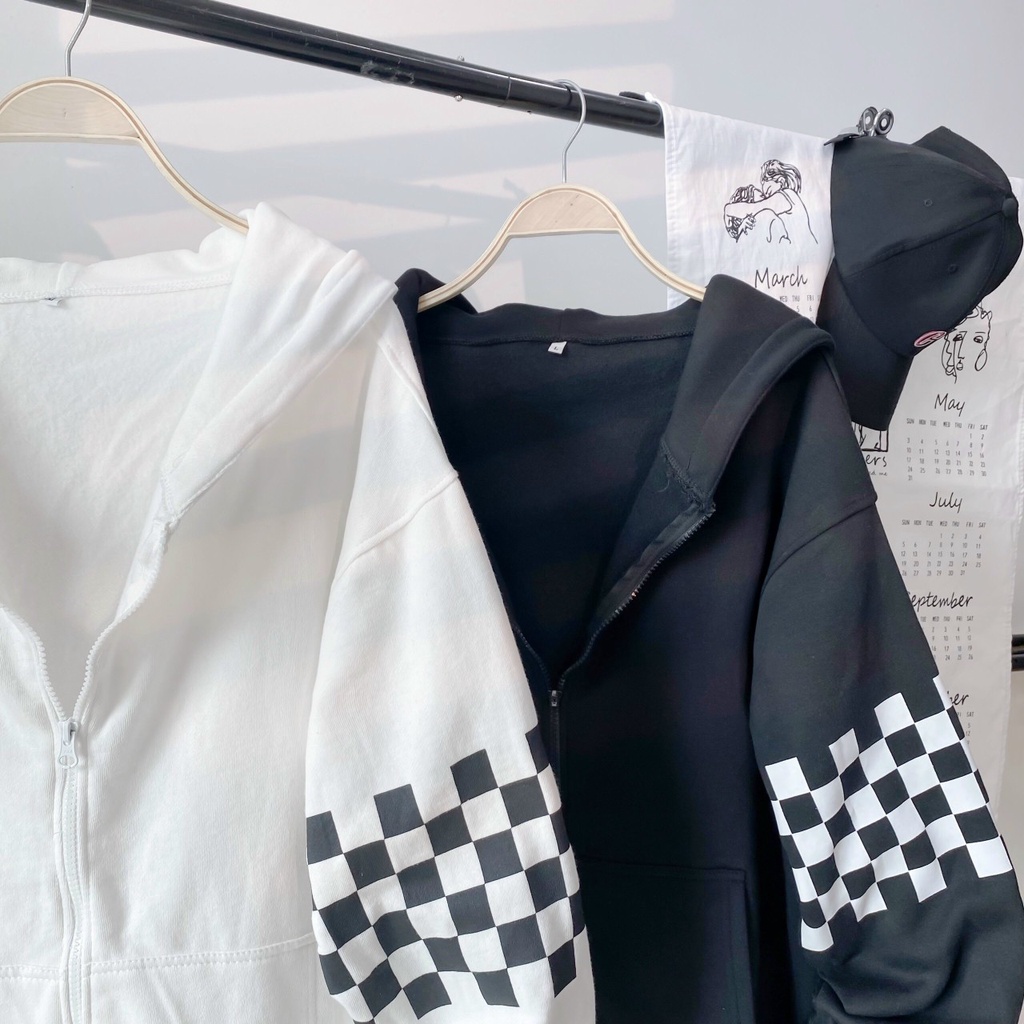 Áo Khoác Hoodie Dây Kéo TITI Phối Caro Form Rộng Vải Nỉ Lót Bông Ulzzang Unisex