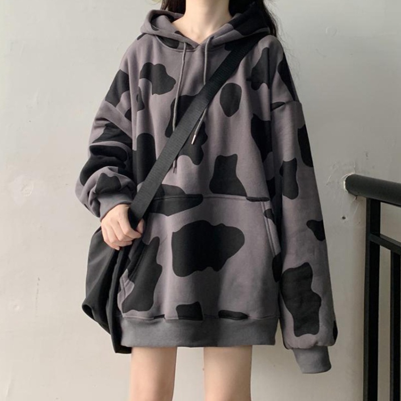 Áo Hoodie Dây Rút Tay Dài Dáng Rộng In Họa Tiết Bò Sữa Dễ Thương Phong Cách Harajuku Cho Nữ